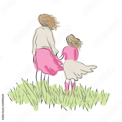 Mother and daughter standing holding hands. Vector illustration of mother and child  standing in the grass