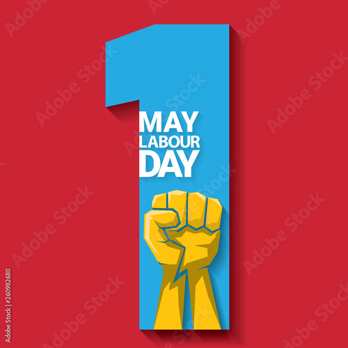Happy labour day vector label with strong orange fist on red background. labor day background or banner with man hand. may day poster
