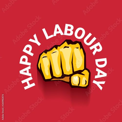 Happy labour day vector label with strong orange fist on red background. labor day background or banner with man hand. may day poster