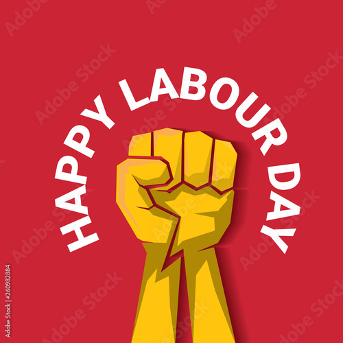 Happy labour day vector label with strong orange fist on red background. labor day background or banner with man hand. may day poster