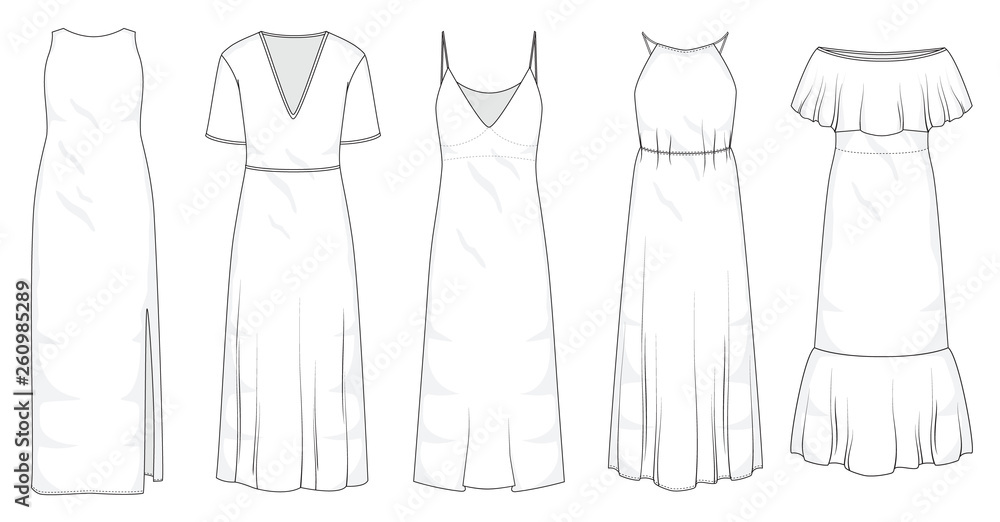 Set of summer long maxi dresses and fashion stylish dress collection template, fill in the blank apparal tops bottoms various styles Set of summer long maxi dresses and fashion stylish dress collection template, fill in the blank apparal tops bottoms various styles