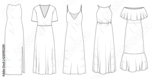 Fotografering Set of summer long maxi dresses and fashion stylish dress collection template, f