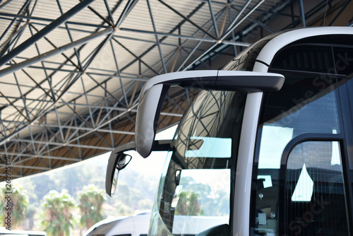 coach bus in close up on background roof airport terminal 