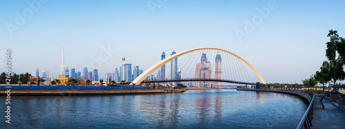 Photography Panoramic view of Dubai from the water canal