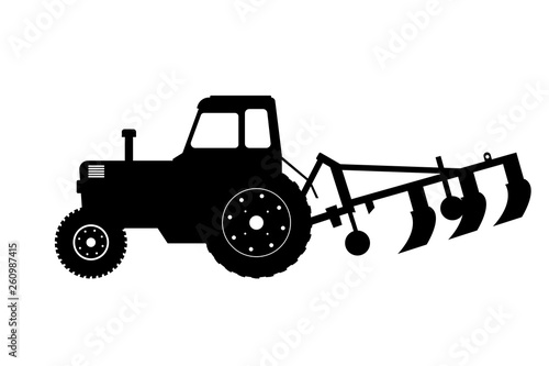 Black silhouette of tractor with plow. Farm machine. Side view. Isolated industrial drawing.