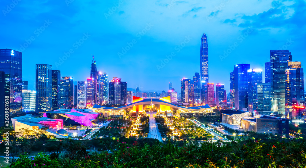Naklejka premium Night View of Urban Architecture in Shenzhen..
