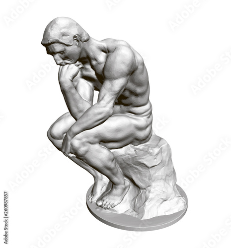 Sculpture Thinker. 3D. Statue of a seated man leaning his hand to his face. Vector illustration