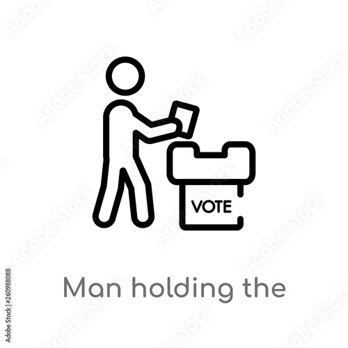 outline man holding the vote paper on the box vector icon. isolated black simple line element illustration from political concept. editable vector stroke man holding the vote paper on box icon on