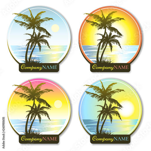 Set of round icons with palm tree silhouette. Paradise island. Stickers with palms and sunset. Design elements. Logo design. Vector illustration.