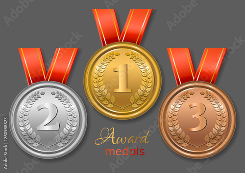 Gold, silver and bronze award medals with laurel wreath,red ribbons and place numbering . Blank medals set.  Vector illustration.