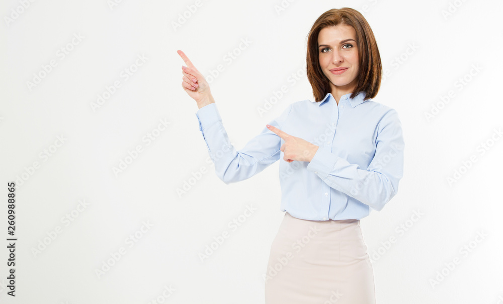 Friendly modern business woman pointed on copy space white background - point girl Friendly modern business woman pointed on copy space white background - point girl