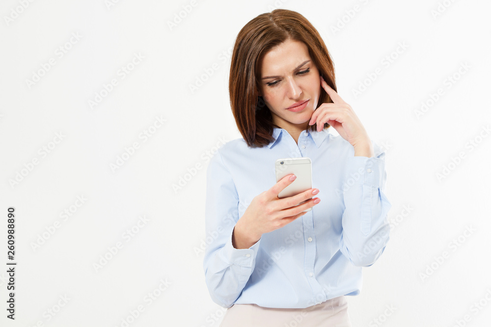 Young modern serious happy woman using smart phone. Isolated on white background Young modern serious happy woman using smart phone. Isolated on white background