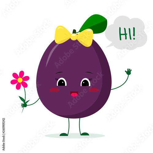 Kawaii cute plum purple fruit cartoon character with a pink bow holding a flower and welcomes. Logo, template, design. Vector illustration, a flat style