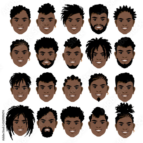 Big set of black smiling  men's faces with dreadlocks, beards and mustache .  Vector illustration.