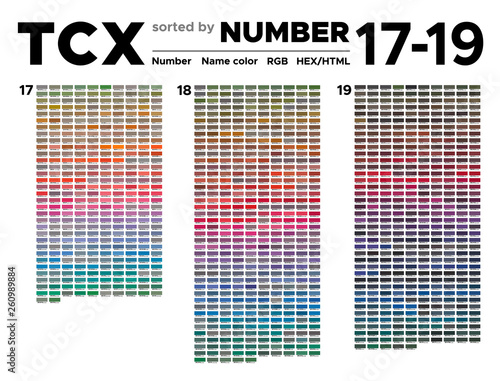 Color table Pantone of the Fashion, Home and Interiors colors sorted by number. Palette with number, named swatches, chart conform to pantone RGB, HTML and HEX description photo