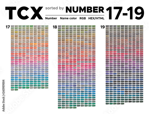 Color table Pantone of the Fashion, Home and Interiors colors sorted by number. Palette with number, named swatches, chart conform to pantone RGB, HTML and HEX description