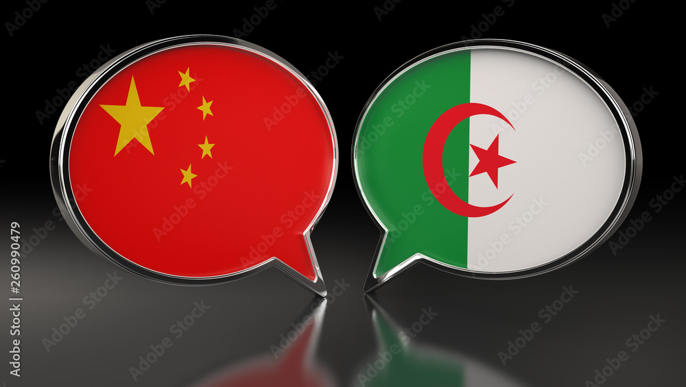 China and Algeria flags with Speech Bubbles. 3D Illustration