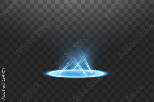 Futuristic teleport. Magic fantasy portal. Light effect. Blue candles rays of a night scene with sparks on a transparent background. Empty light effect of the podium. Disco club dancefloor.