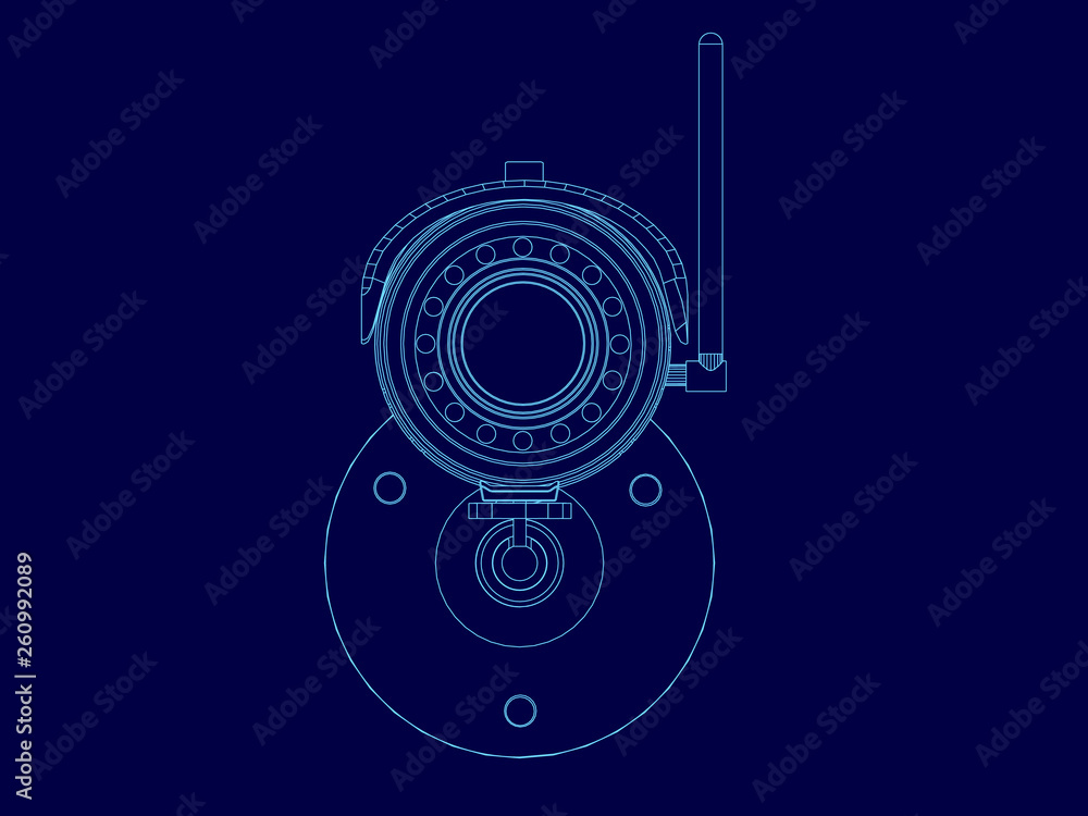 Wireframe camera frame. Front view. Contour of the surveillance camera of the blue lines on a dark background. Vector illustration