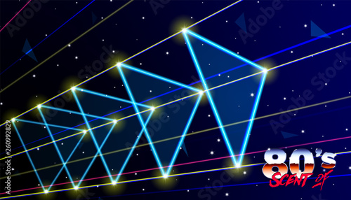 Neon 80s styled triangles flying in space with laser rays