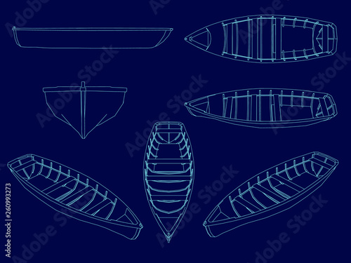 Set with a wireframe of a wooden boat from blue lines on a dark background. Vector illustration