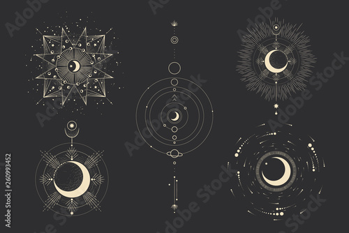 Vector illustration set of moon phases. Different stages of moonlight activity in vintage engraving style. Zodiac Signs