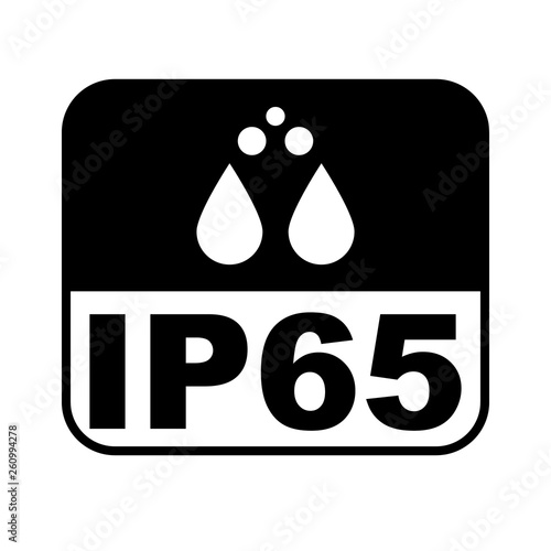 IP65 protection certificate standard icon. Water and dust or solids resistant protected symbol. Vector illustration.