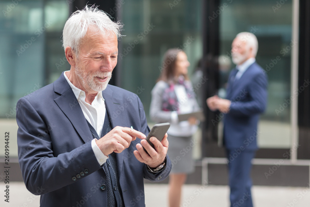Happy senior gray haired businessman browsing internet or messaging on the smart phone, standing on the sidewalk in front of an office building. Happy senior gray haired businessman browsing internet or messaging on the smart phone, standing on the sidewalk in front of an office building.