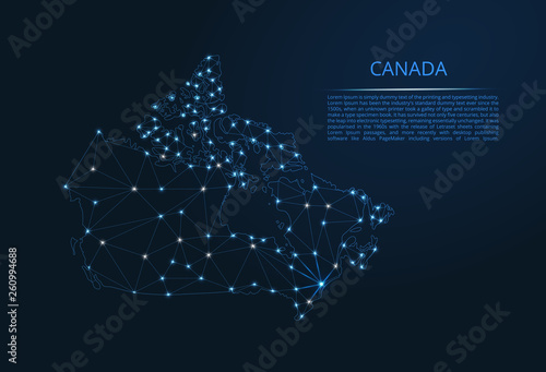 The map of the network of the Canada. Vector low-poly image of a global map with lights in the form of a population density of cities consisting of shapes in the form of stars