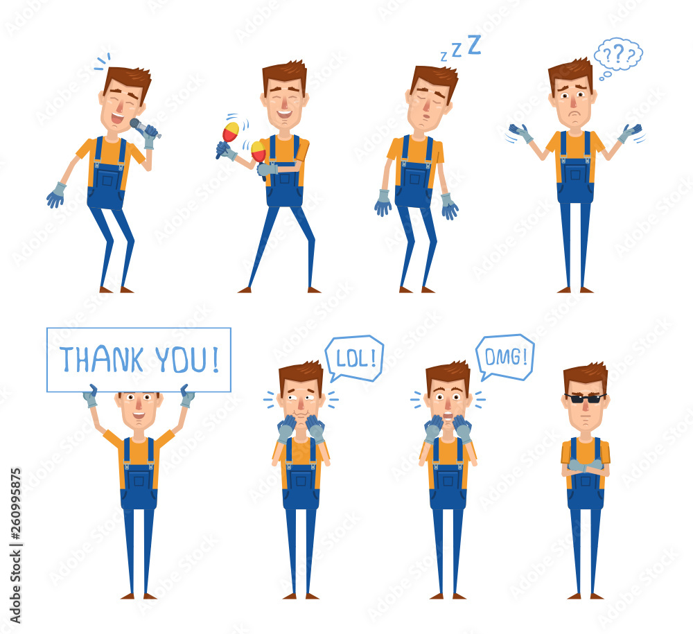 Set of auto mechanic characters posing in different situations. Cheerful worker karaoke singing, dancing, sleeping, thinking, laughing, surprised, serious. Flat style vector illustration Set of auto mechanic characters posing in different situations. Cheerful worker karaoke singing, dancing, sleeping, thinking, laughing, surprised, serious. Flat style vector illustration