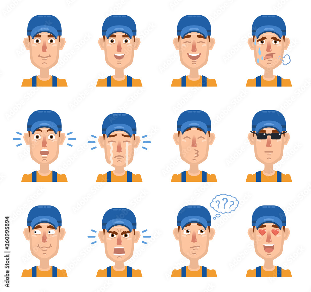 Big set of auto mechanic emoticons. Worker avatars showing different emotions. Happy, sad, laugh, smile, cry, angry, surprised, think and other facial expressions. Flat style vector illustration Big set of auto mechanic emoticons. Worker avatars showing different emotions. Happy, sad, laugh, smile, cry, angry, surprised, think and other facial expressions. Flat style vector illustration