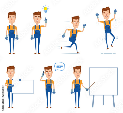 Set of auto mechanic characters posing in different situations. Cheerful worker standing, pointing up, running, jumping, talking to phone, teaching, holding banner. Flat style vector illustration