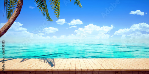Closeup of colorful seaside wooden platform background, front view (High-resolution 3D CG rendering illustration)