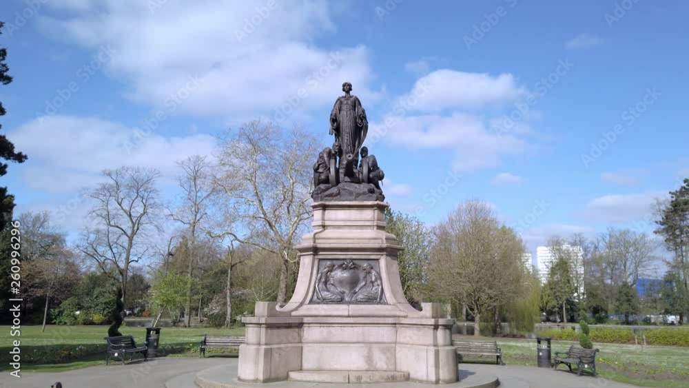 Canon Hill Park, Birmingham, Memorial. Tracking shot of the 1906 Boer War Memorial in Canon Hill Park, Birmingham, England. Canon Hill Park, Birmingham, Memorial. Tracking shot of the 1906 Boer War Memorial in Canon Hill Park, Birmingham, England.