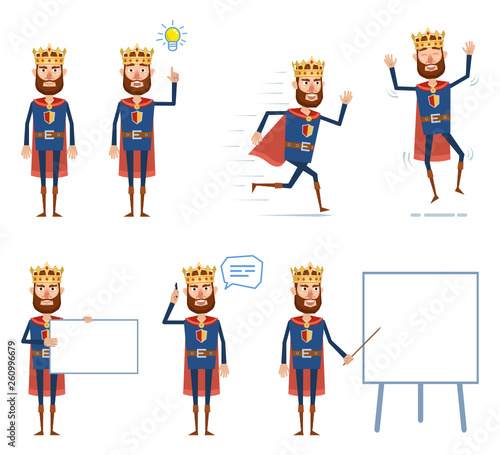 Set of king characters posing in different situations. Cheerful king running, jumping, standing, talking on the phone, holding banner, pointing to whiteboard. Flat style vector illustration