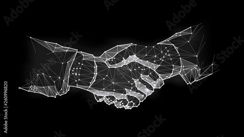 Abstract virtual Hand shake the circle interface on green cyberspace background with low-poly, polygon and triangle. Wireframe light connection structure vector