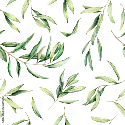 Watercolor seamless pattern with olive branches and leaves. Hand painted botanical illustration isolated on white background for design, print, fabric or background.