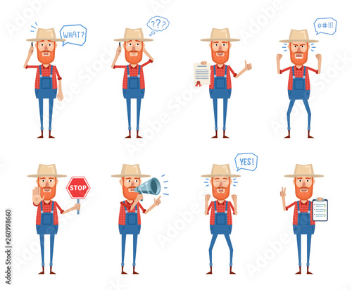 Set of old farmer characters posing in different situations. Cheerful farmer talking on the phone, thinking, surprised, angry, holding stop sign, loudspeaker, document. Flat style vector illustration