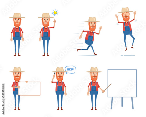 Set of old farmer characters posing in different situations. Cheerful farmer talking on the phone, pointing up, running, jumping, holding banner, pointing to whiteboard. Flat style vector illustration