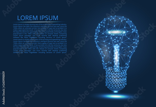 Abstract image of a light bulb of lines and triangles, dots, connecting the network on a blue background, in the form of a starry sky.