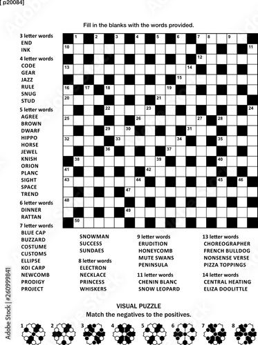 Puzzle page with two puzzles: 19x19 criss-cross (kriss-kross, fill in the blanks) crossword word game (English language) and abstract visual puzzle. Black and white, A4 or Letter sized.