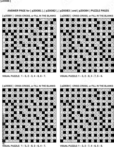 Answer page for previous four puzzle pages with fill-in crossword puzzles and visual riddles