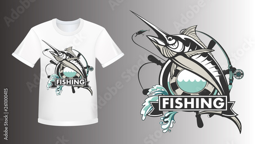 Marlin fish logo shirt mockup.Sword fish fishing emblem for sport club. Angry marlin fishing background theme vector illustration.