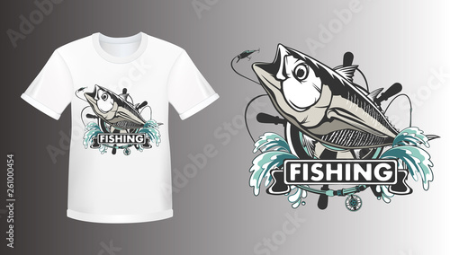Tuna big fishing logo shirt mockup illustration. Tuna fish fishing vector emblem. Blue fin fish marine theme. Angry fish.