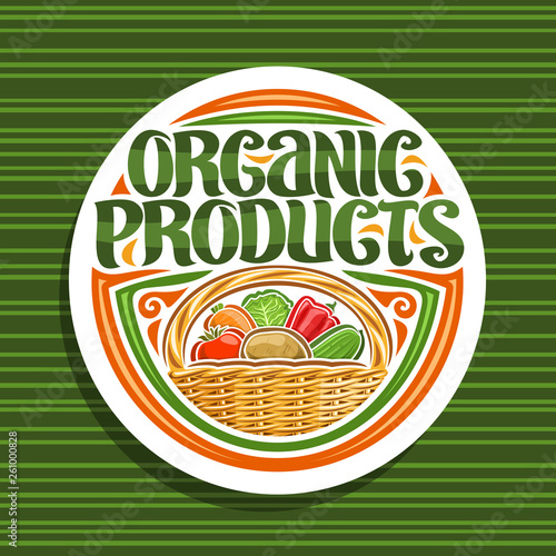Vector logo for Organic Products, white tag with set of different cartoon veggies, decorative lettering for words organic products, raw autumn crop, diet mix in full wooden pottle on green background.