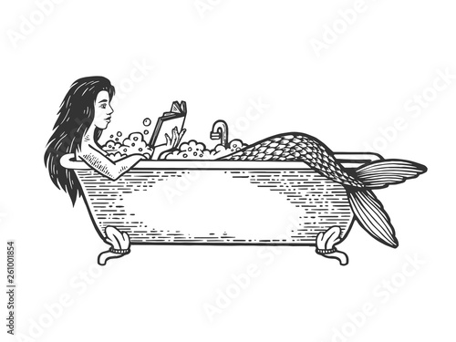 Mermaid reading book in bath sketch engraving vector illustration. Scratch board style imitation. Black and white hand drawn image.