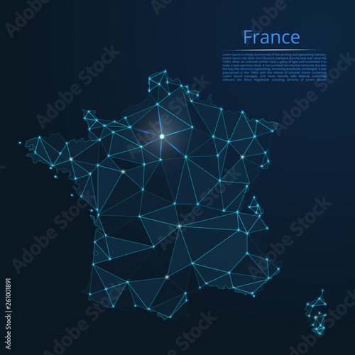 France communication network map. Vector low poly image of a global map with lights in the form of cities in or population density consisting of points and shapes in the form of stars and space.