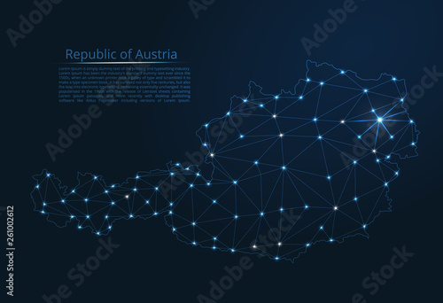 The map of the network of the Austria. Vector low-poly image of a global map with lights in the form of a population density of cities consisting of shapes in the form of stars