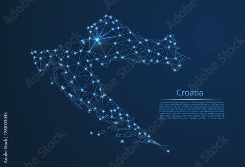 Croatia communication network map. Vector low poly image of a global map with lights in the form of cities in or population density consisting of points and shapes in the form of stars and space.