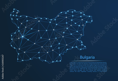 Bulgaria communication network map. Vector low poly image of a global map with lights in the form of cities in or population density consisting of points and shapes in the form of stars and space.
